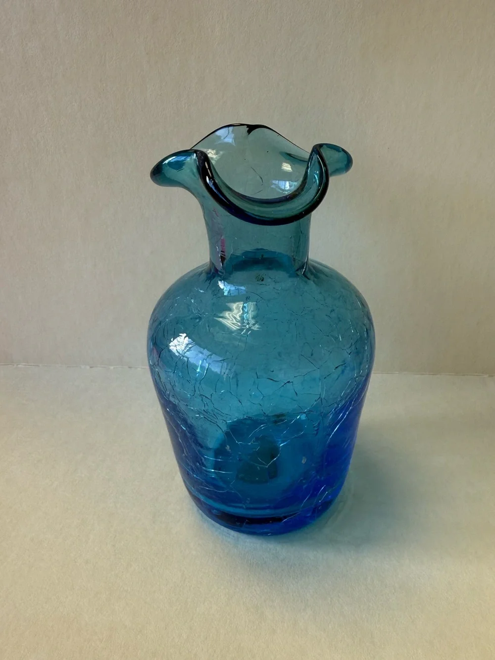 Vintage Blue Crackle Glass Bud Vase Ruffle Rim. - Picture 4 of 10